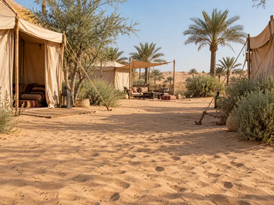 صورة توضيحية لمساحة رملية وممر بين خيام مخيم صحراوي