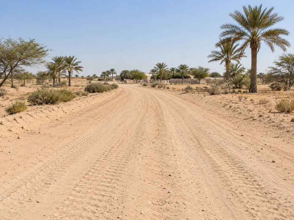 صورة توضيحية لطريق رملي غير معبد يتجه نحو مزرعة